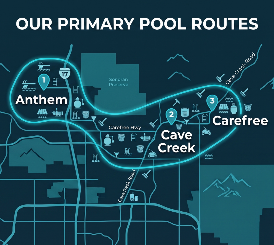 Stylized map of Cave Creek and Anthem, Arizona, highlighted as the Diamond Pool service area.