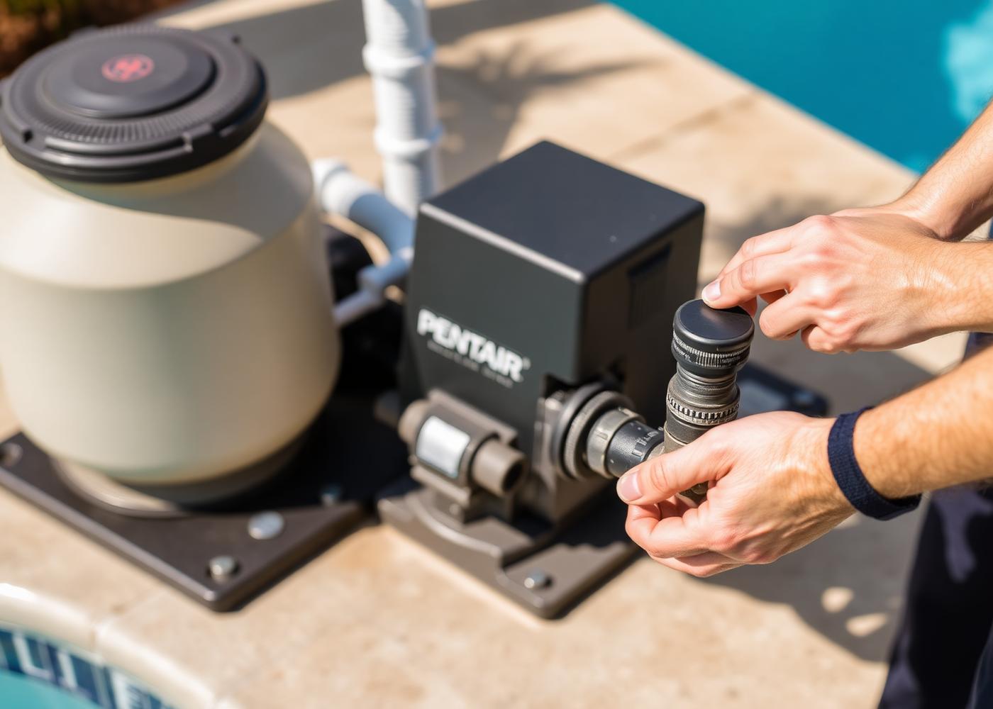 Hands adjusting a Pentair pool pump valve on a residential equipment pad.