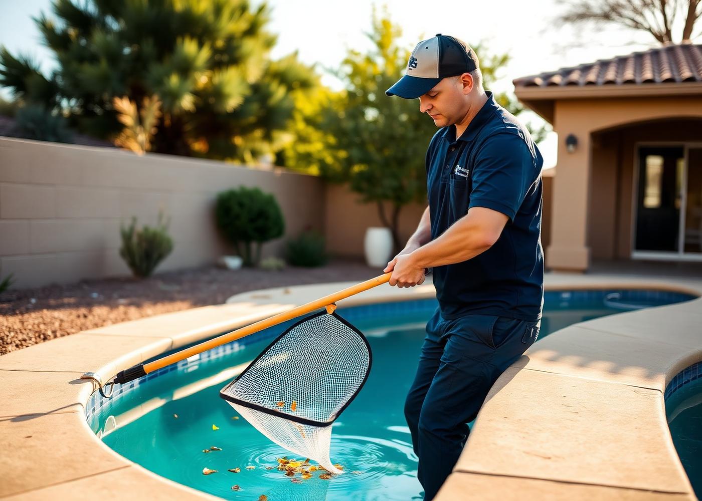Diamond Pool technician skimming leaves from a clean backyard pool.